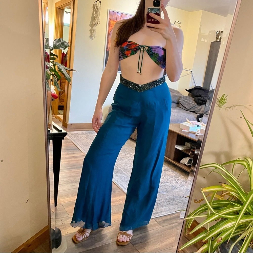 Cassandra Stone Vintage 100% Silk Teal Chiffon Wide Leg Pants with Beaded Waist - Picture 6 of 7